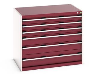 40029103.** Bott Cubio drawer cabinet with overall dimensions of 1050mm wide x 750mm deep x 900mm high Cabinet consists of 3 x 100mm, 2 x 150mm and 1 x 200mm high drawers 100% extension drawer with internal dimensions of 925mm wide x 625mm deep. The drawers...
